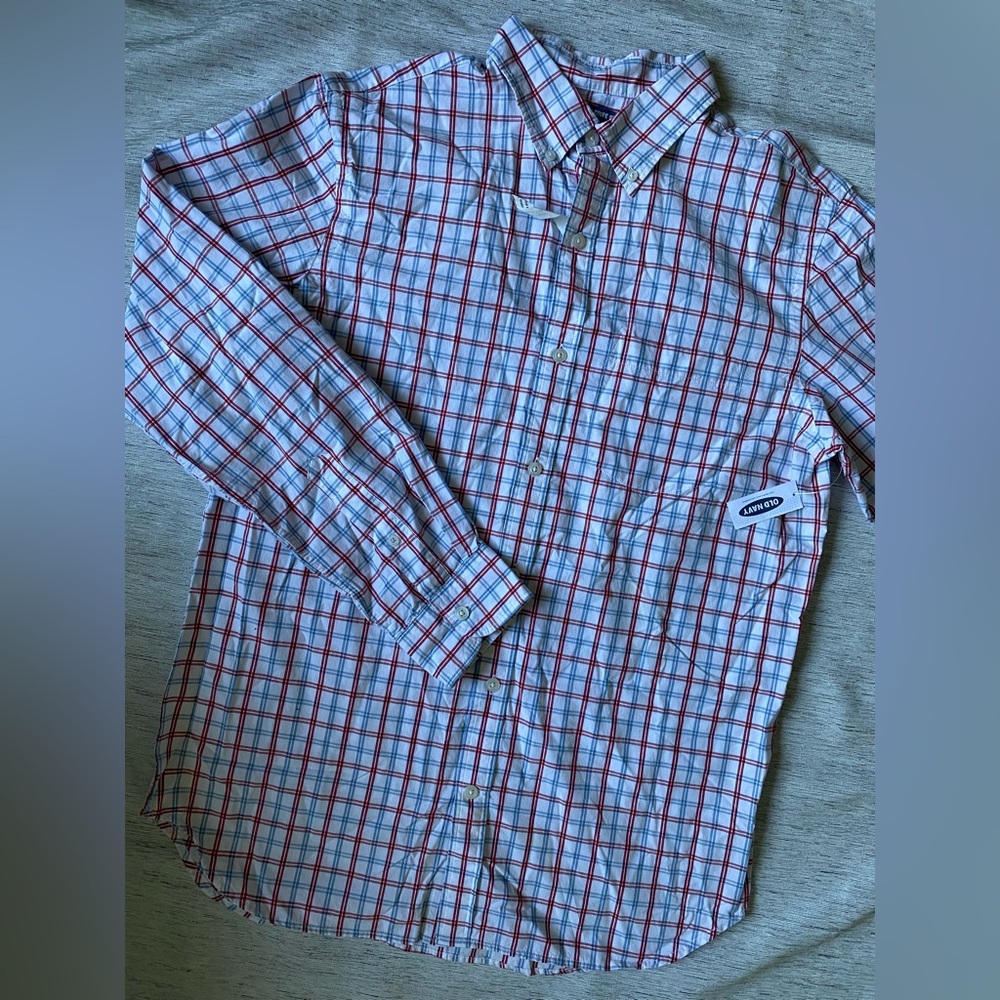 Old Navy Men's White Button-Down Shirt with Red & Blue Plaid NWT